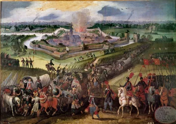 オランダとの戦争。"View of the city of Ardres"。1596年、オーストリアのアルベール大公がこの街を占領。17世紀のフランドル派の絵画。Real Monasterio de El Escorial, El Escorial, Spain - War against the Netherlands:の眺め