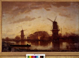 オランダの工場があるアムステル川の岸辺の風景。フェリックス・ジーム（1821-1911）による絵画。1852.日 1,01 X 1,50 m. ボルドー、美術館
