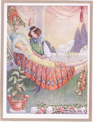 王女は乙女たちをハンモックに寝かせた（カラーリトグラフ）