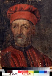 「「フィレンツェの裕福な銀行家ルカ・ピッティ (1394-1472) の肖像」」彼はピッティ宮殿に彼の名前を付けました) 16 世紀初頭のフィレンツェ派の絵画 地域デイネカ アート ギャラリー、クルスク ロシア