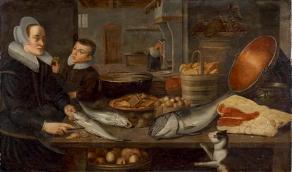 テーブルで魚をさばくメイドと、リンゴを手にする少年のいるキッチンの静物画。