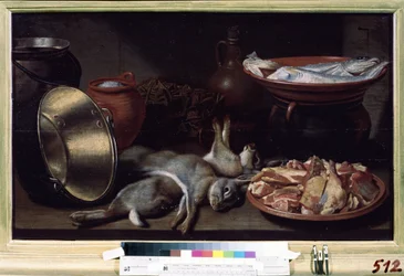 うさぎのある静物。 フロリス・ヴァン・シューテン (1590 年頃 - 1655 年以降) による絵画。 キャンバスに油彩