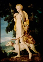 弓を持った女神が犬を連れている。フォンテーヌブローの学校の絵画。16世紀 日1,91 x 1,32 m パリ、ルーヴル美術館