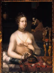 女性はトイレを持っている フォンテーヌブローの学校の絵画。1560年頃。薄暗い。1,05 x 0,76 m. ディジョン、美術館
