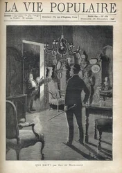 夜中に家に侵入してきた人を驚かせる男性。ギー・ド・モーパッサン（1850-1893）の「Who knows?"ギー・ド・モーパッサン(1850-1893)作。1890年に出版された「La vie populaire」に掲載されたエングレーヴィング。個人蔵