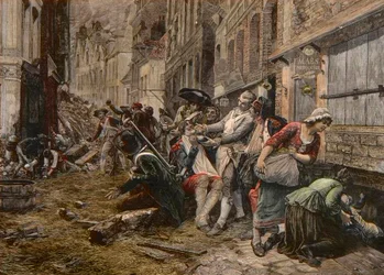 1792年10月のリールにおける包囲戦のエピソード - Siege de Lille en 1792: カツラのマースが爆弾の殻を髭用の皿にして客の髭を剃る - Gaston Melingueの絵の後にMeaulleが彫ったもの