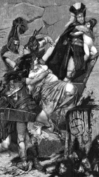 アンドロマケ：ジョルジュ・アントワーヌ・ロシュグロッセ（1859-1938）の絵画に基づくメウルによる版画（1883年）の詳細。ギリシャ兵の手によって、アンドロマケはトラキアのホプライトに連れ去られた息子アスティアナクスを抱きとめようとする。冒頭で