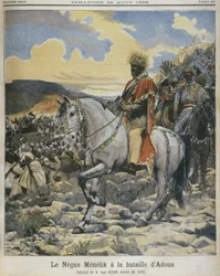 エチオピアの黒人、アドワの戦いでのメネリク2世（1844-1913）、「Le Petit Journal」のイラスト、1898年8月28日（287689も参照）