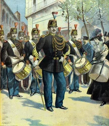 音楽隊のパレードと共和国衛兵の鼓笛隊長、パリ、1896年（版画）