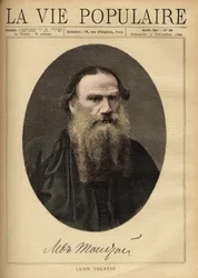 ロシアの作家、レオン・トルストイ（1828-1910）の肖像。F. Meaulleによるイラスト。1890年に出版された「La vie populaire」に掲載された版画。個人蔵