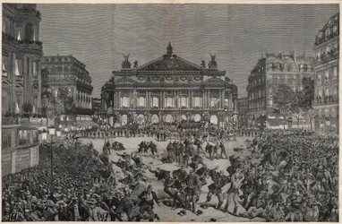 1891年、パレ・ガルニエでのリヒャルト・ワーグナー作「ローエングリン」上演に反対するパリの騒乱 - 1891年、パリのオペラ座広場におけるリヒャルト・ワーグナー作「ローエングリン」初演時の愛国的デモ - フォルチュネ・ルイ・メオールによる版画