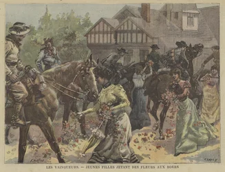 南アフリカの勝利したボーア軍に花を投げる若い女の子