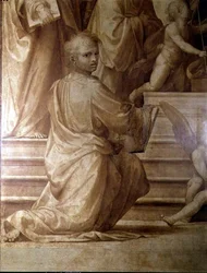 跪く若い聖人を描いた「大評議会祭壇画」の細部