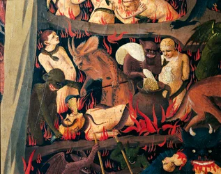 貪欲を罰する悪魔のいる地獄、フラ アンジェリコ (1400-1455 年頃) として知られるジョヴァンニ ダ フィエーゾレ作「最後の審判」の詳細、木にテンペラ