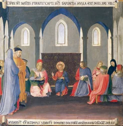 寺院の医師との論争を描いた挿入図、アルマジオ デッリ アルジェンティ (銀の箱) のパネルとイエスの命