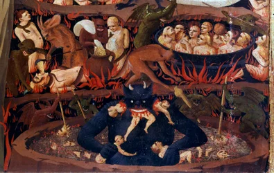 最後の審判: 冥界の詳細。地獄のサークルでのダメージ、悪魔による拷問。フラ・アンジェリコまたはイル・ベアト（1387-1455）と呼ばれるグイド・ディ・ピエトロ（またはフラ・ジョヴァンニ・ダ・フィエーゾレ）による木の上のデトレムの詳細