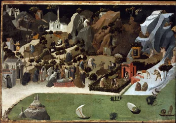 Thebaide - 砂漠の父の生活からのシーン (Thebaid) - Fra Angelico (1387-1455) による Fra Giovanni (Guido di Pietro) の絵画 - 1420 - パネル上のテンペラ - 73.8x1 cm - 美術館、ブダペスト