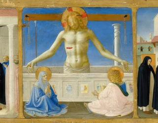 キリストの復活-痛みの男としてのキリスト（祭壇画のマリアの戴冠式の詳細）。 1430年頃