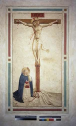 聖ドミニクとのはりつけ。十字架上の碑文「 "INRI"」。フレスコバイグイドディピエトロ