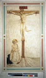聖ドミニクとのはりつけ。十字架上の碑文「 "INRI"」。フレスコバイグイドディピエトロ