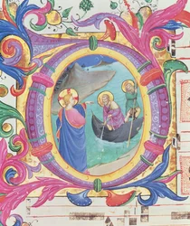 Missal 558 f.9r奇妙な魚のドラフトを描いた歴史的な頭文字O（88928の詳細）