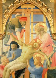 サンタトリニータの祭壇画、十字架から降ろされた死んだキリストの詳細、1434年頃のテンペラ、パネル上の金