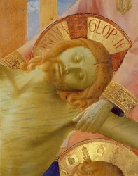 サンタトリニータの祭壇画、死んだキリストの頭の詳細、1434年頃のテンペラ、パネルに金