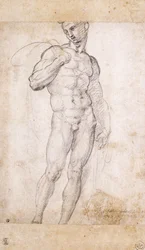 彼のShoudlersの上にケープをかぶっているヌード、