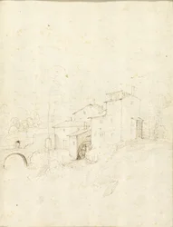 アーチ型の橋に人物が描かれた水車小屋