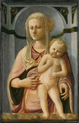 マドンナと子供、詳細、c.1435（パネル上のテンペラ）