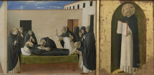 聖ドミニコと聖トマス・アクィナスの死。コルトナ・ポリプティックのプレデラの詳細、c1437。