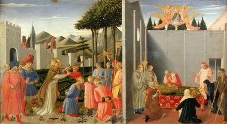 聖ニコラスは、1437年頃、ペルージャの祭壇画から死刑を宣告された罪のない男を解放します。