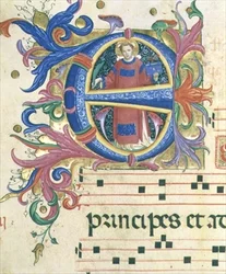 ミサール 558 f.156v 聖ステファノを描いたヒストリカルなイニシャル「E」。
