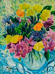 春のブーケ（シャクナゲとウェールズポピー）、2020年（キャンバスにアクリル画）