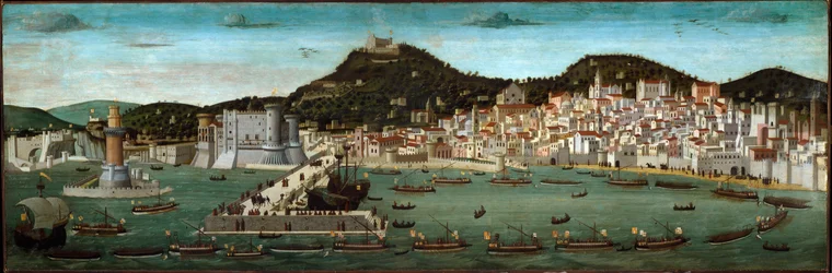 Tavola Strozzi: 1465年のイスキア島の戦いで勝利したアラゴン艦隊の帰還（木にテンペラ
