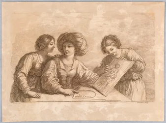パレットとデザインの下絵を持つ 3 人の女性