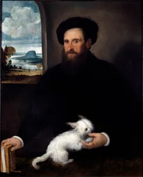 小犬を連れた紳士の肖像 フランチェスコ・ベッカルッツィ（約1492-1563）の絵画 1540年頃 薄暗い。101x84 cm ミラノ、Civiche Raccolte del Castello Sforzesco