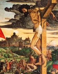 泥棒、フランチェスコ・デ・ビアンキ・フェラーリ作（1460-1510年頃）、パネル、267x220 cmの磔刑の詳細