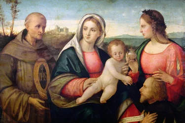 サクラの会話：聖ベルナルディーノと献金する女性聖人 1525年頃 油彩・パネル