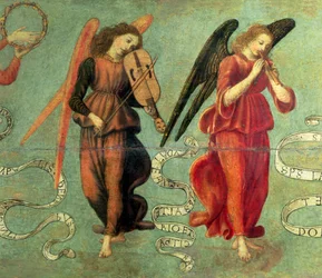 フィドルとパイプを演奏する天使、64871年のパネルの詳細については、1475-97年のテンペラ。64872と64873も参照