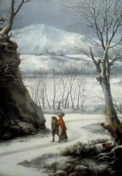 真冬の道路上のカップル。フランチェスコ・フォスキ（？-1805）の絵画