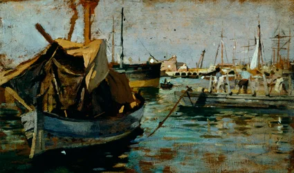 Francesco Gioli (1846-1922) によるリヴォルノ (レグホーン) の港での作業、パネルに油彩、22x38 cm
