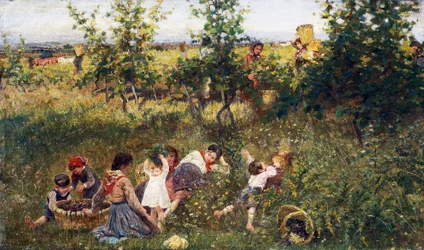 ブドウの収穫、Francesco Gioli (1846-1922) 作、キャンバスに油彩、39、5x66 cm
