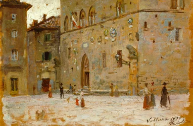 Francesco Gioli (1846-1922) による Volterra の広場で、パネルに油彩