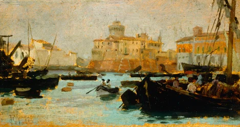 Francesco Gioli（1846-1922）によるリヴォルノの港、パネルに油彩、9x17 cm