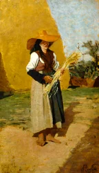 Francesco Gioli (1846-1922) による Gleaner (女性の野手) の習作、パネルに油彩、32x19 cm