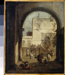 ベネチアン カプリッチョ: 広場と宮殿の眺め フランチェスコ ガルディ (1712-1793) による絵画 1775-1780 日。 27x23 cm エルミタージュ美術館、サンクトペテルブルク