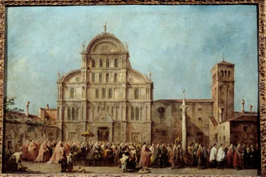 復活祭の日にサン・ザッカリア教会に向かうヴェネツィア総督の行列（1763年）。フランチェスコ・グアルディ（1712-1793）による絵画、1766-1770年頃。キャンバスに油彩。寸法：0,67 x 1,01m。- サン・ザッカリーア教会でのヴェネツィア総督の行列は、E