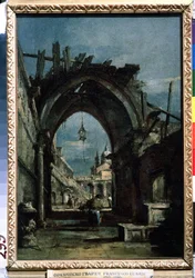 「ベニスの眺め」手前の廃墟。 Francesco Guardi (1712-1793) による 1770 年頃の絵画 プーシキン美術館