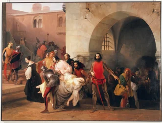 マルコ・ヴィスコンティがロザーテの城の地下室で見つけたビーチェ、トンマーゾ・グロッシの小説「マルコ・ヴィスコンティ」のテーマ、フランチェスコ・ヘイズのイラスト